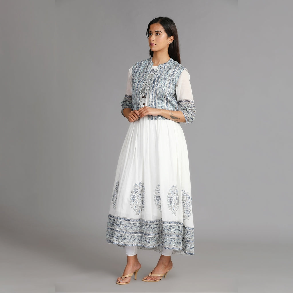 White, Blue & Grey Mul Cotton Long Dress with Coat – 2pc - Aavarana by Karnika