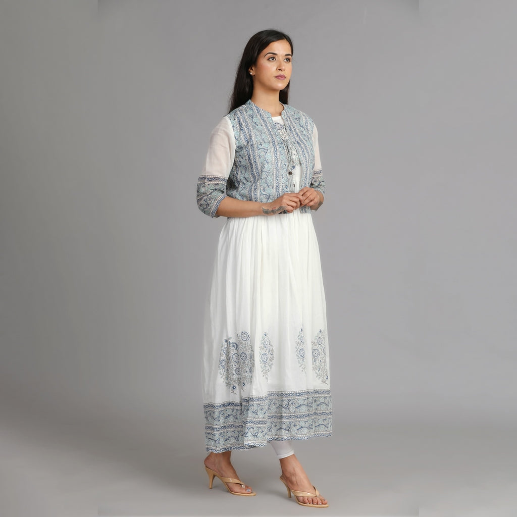 White, Blue & Grey Mul Cotton Long Dress with Coat – 2pc - Aavarana by Karnika