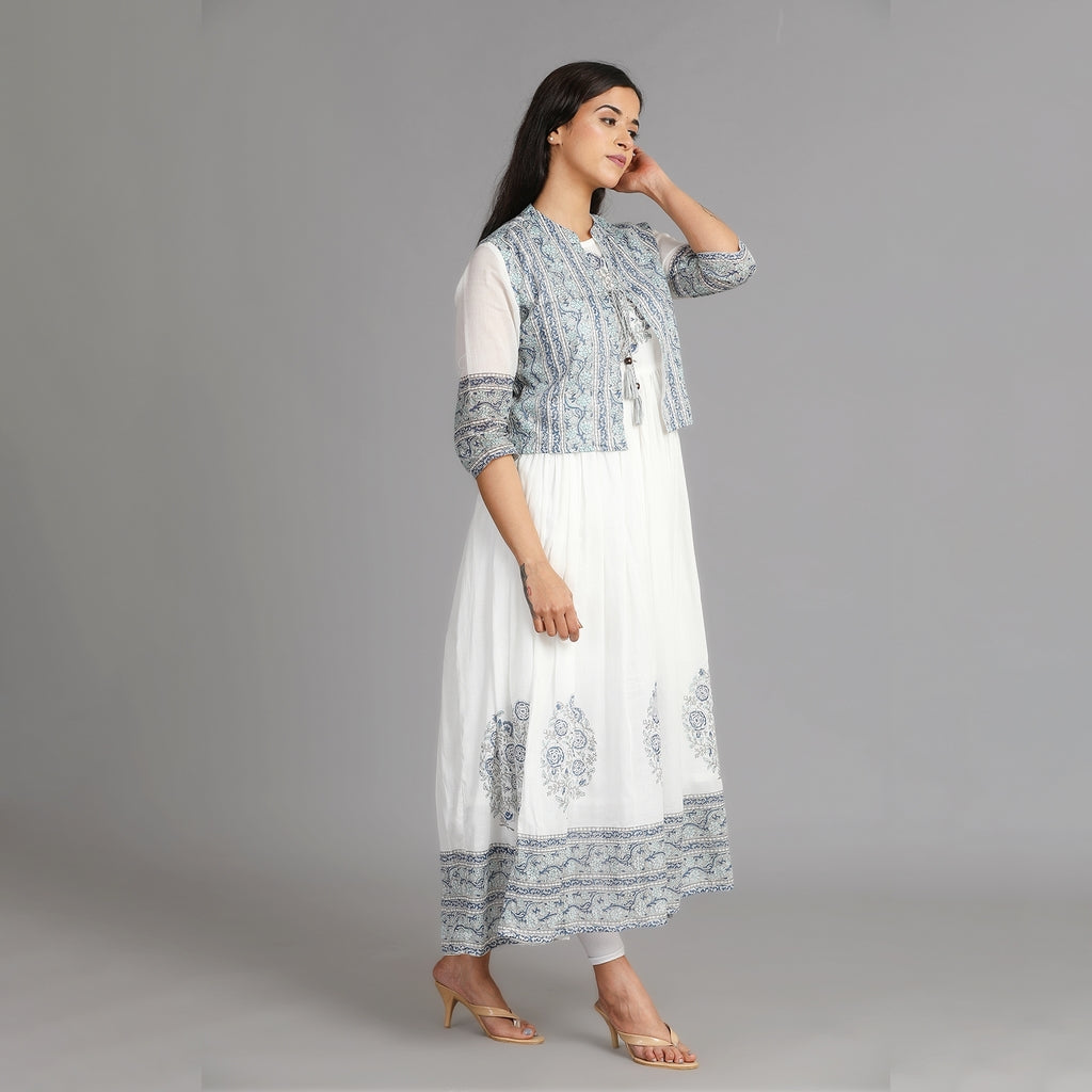 White, Blue & Grey Mul Cotton Long Dress with Coat – 2pc - Aavarana by Karnika