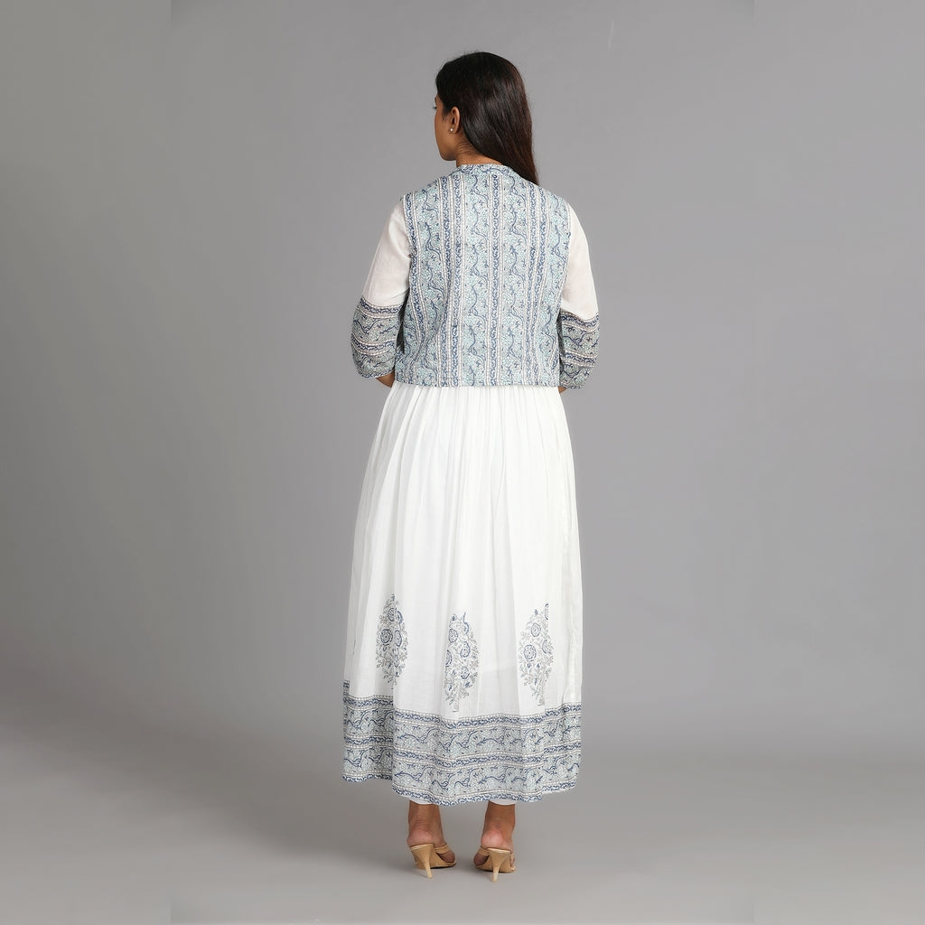 White, Blue & Grey Mul Cotton Long Dress with Coat – 2pc - Aavarana by Karnika