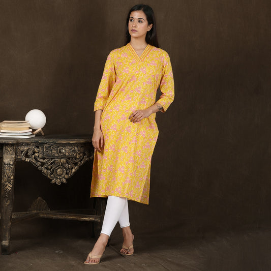 Yellow Cotton V-Neck Kurta – 1pc - Aavarana by Karnika