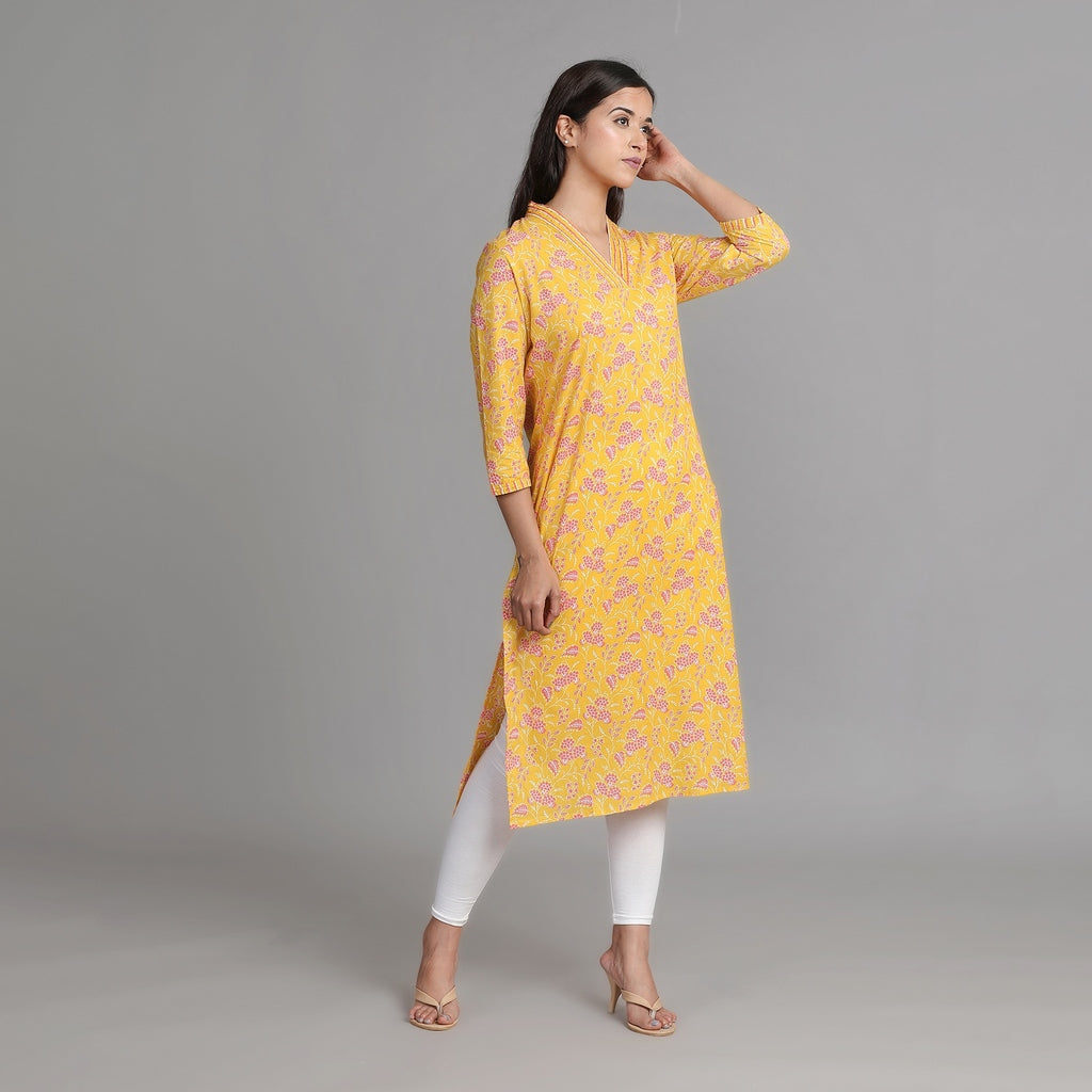 Yellow Cotton V-Neck Kurta – 1pc - Aavarana by Karnika