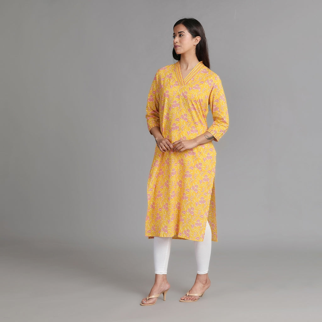 Yellow Cotton V-Neck Kurta – 1pc - Aavarana by Karnika