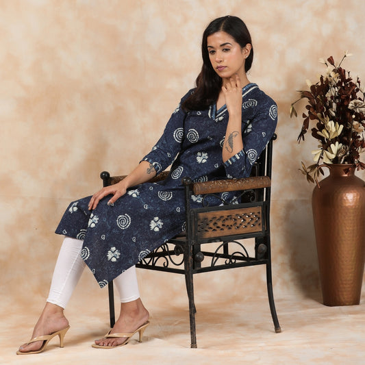 Indigo Cotton V-Neck Kurta – 1pc - Aavarana by Karnika