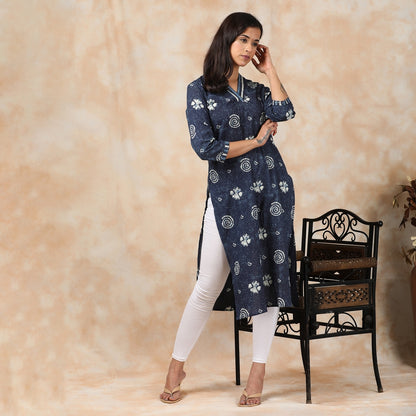 Indigo Cotton V-Neck Kurta – 1pc - Aavarana by Karnika