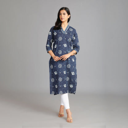 Indigo Cotton V-Neck Kurta – 1pc - Aavarana by Karnika