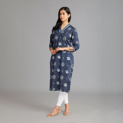 Indigo Cotton V-Neck Kurta – 1pc - Aavarana by Karnika