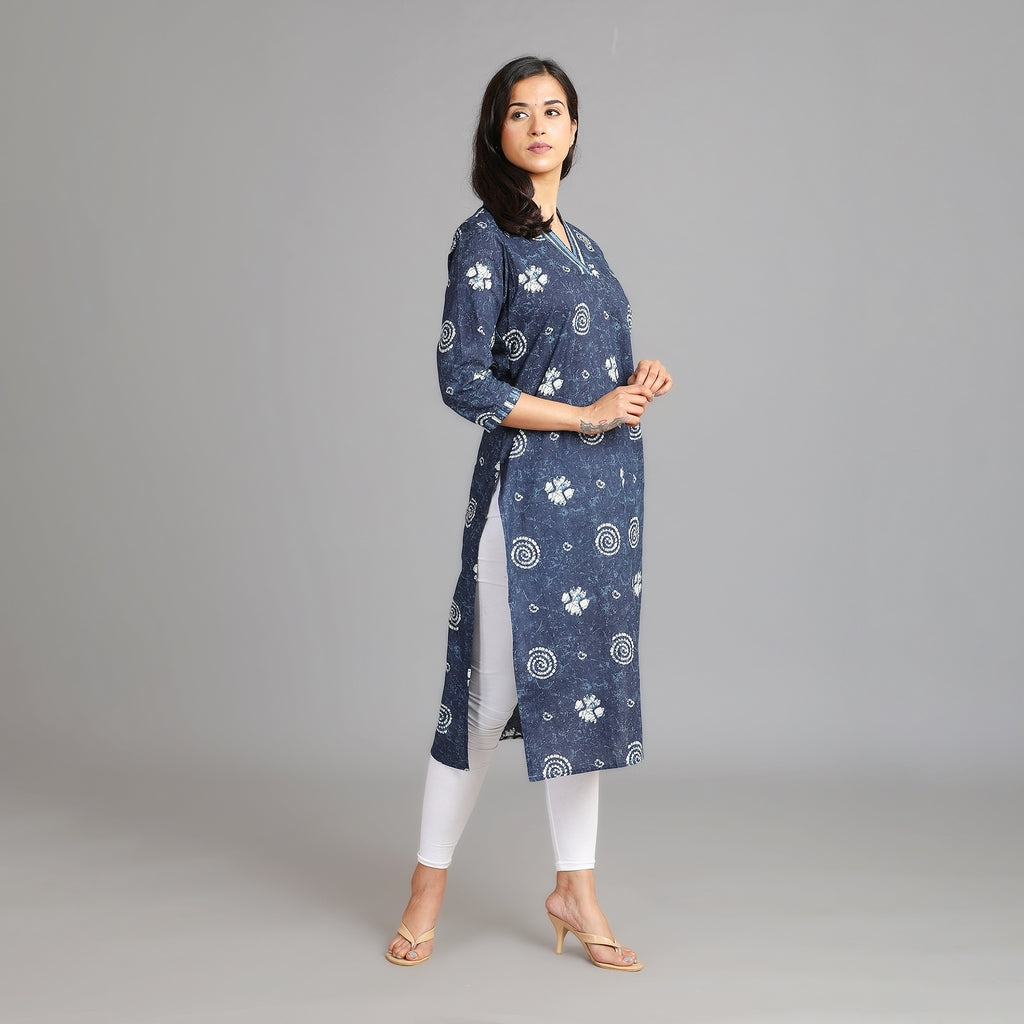 Indigo Cotton V-Neck Kurta – 1pc - Aavarana by Karnika