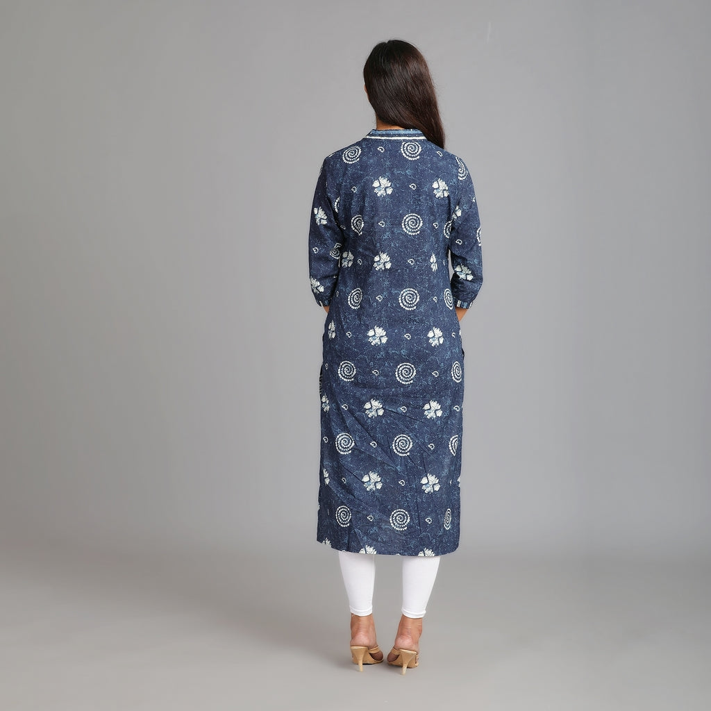 Indigo Cotton V-Neck Kurta – 1pc - Aavarana by Karnika