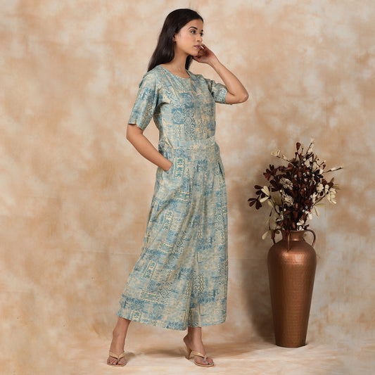 Powder Blue & Gold Muslin Jumpsuit – 1pc - Aavarana by Karnika