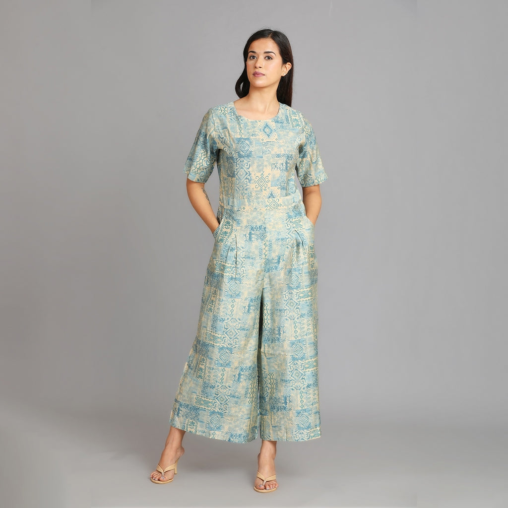 Powder Blue Gold Muslin Jumpsuit 1pc Aavarana by Karnika