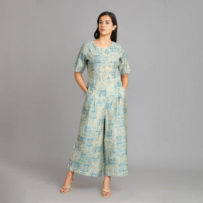 Powder Blue & Gold Muslin Jumpsuit – 1pc - Aavarana by Karnika