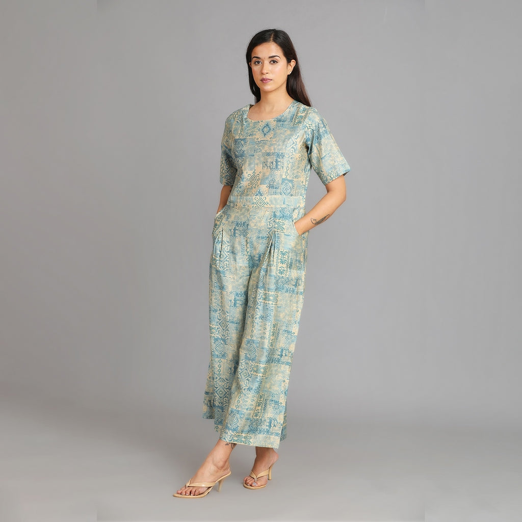 Powder Blue & Gold Muslin Jumpsuit – 1pc - Aavarana by Karnika