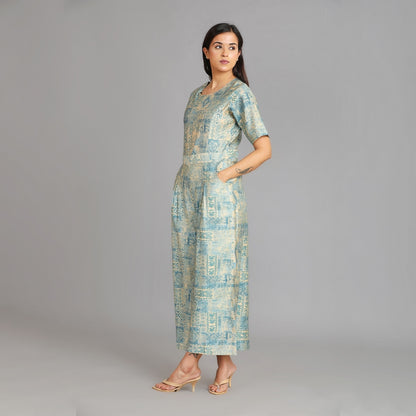 Powder Blue & Gold Muslin Jumpsuit – 1pc - Aavarana by Karnika