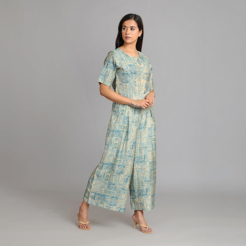 Powder Blue & Gold Muslin Jumpsuit – 1pc - Aavarana by Karnika