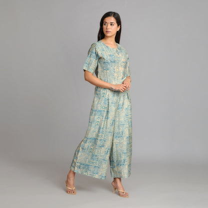 Powder Blue & Gold Muslin Jumpsuit – 1pc - Aavarana by Karnika