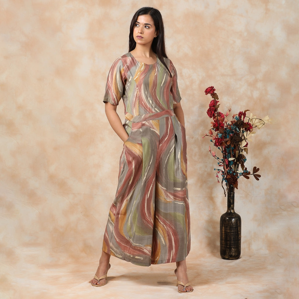 Multicolour Muslin Jumpsuit with Gold Detailing – 1pc - Aavarana by Karnika