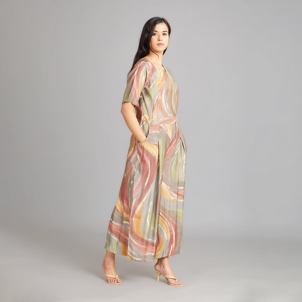 Multicolour Muslin Jumpsuit with Gold Detailing – 1pc - Aavarana by Karnika