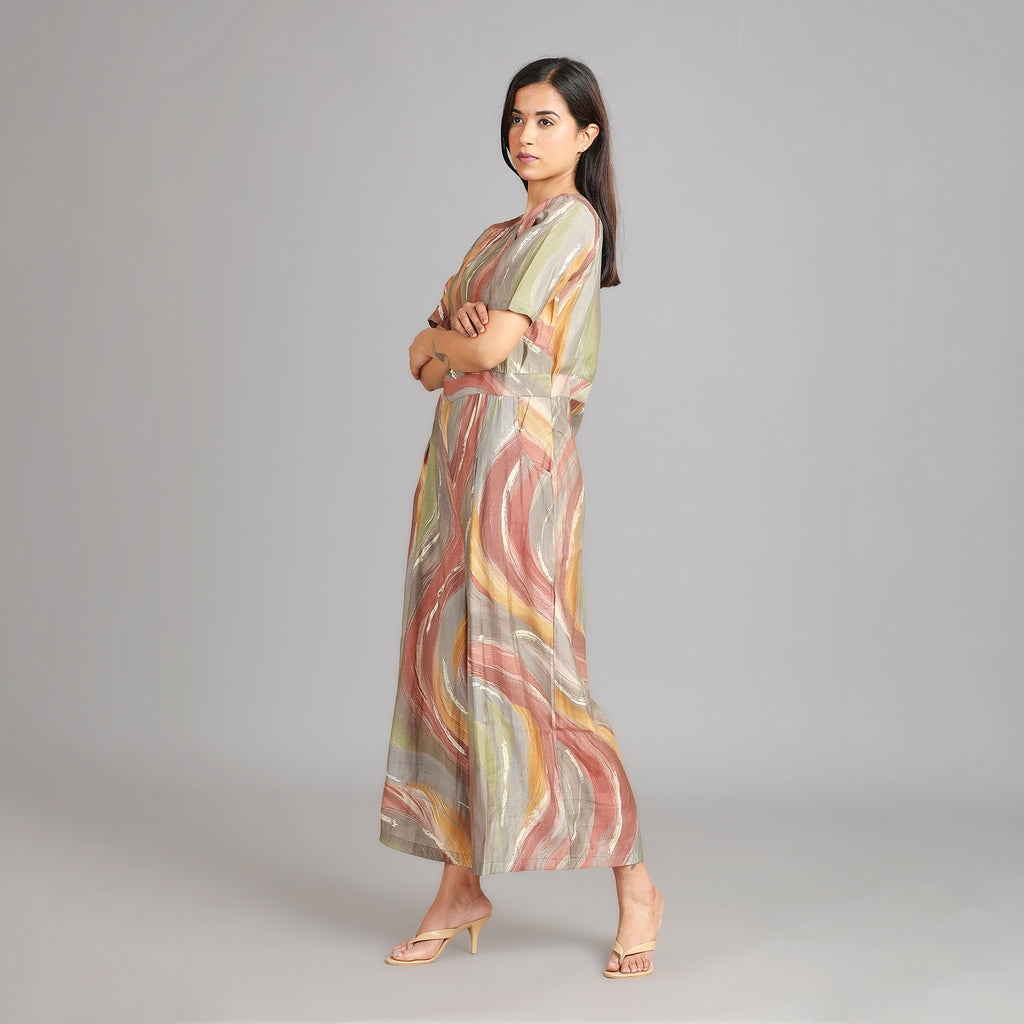 Multicolour Muslin Jumpsuit with Gold Detailing – 1pc - Aavarana by Karnika