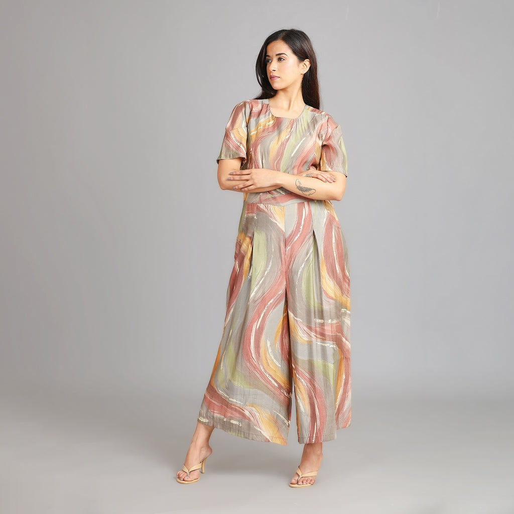 Multicolour Muslin Jumpsuit with Gold Detailing – 1pc - Aavarana by Karnika