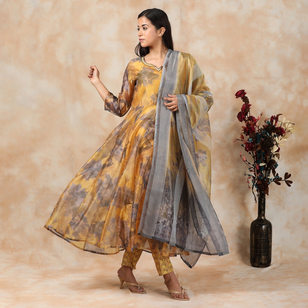 Mustard Yellow Chanderi Anarkali Suit Set with Embroidered Neckline– 3pc - Aavarana by Karnika