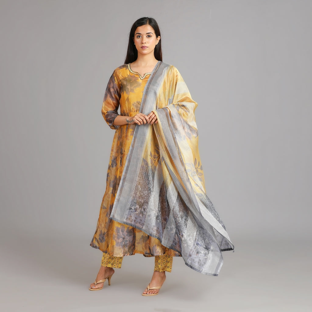 Mustard Yellow Chanderi Anarkali Suit Set with Embroidered Neckline– 3pc - Aavarana by Karnika