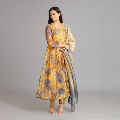 Mustard Yellow Chanderi Anarkali Suit Set with Embroidered Neckline– 3pc - Aavarana by Karnika