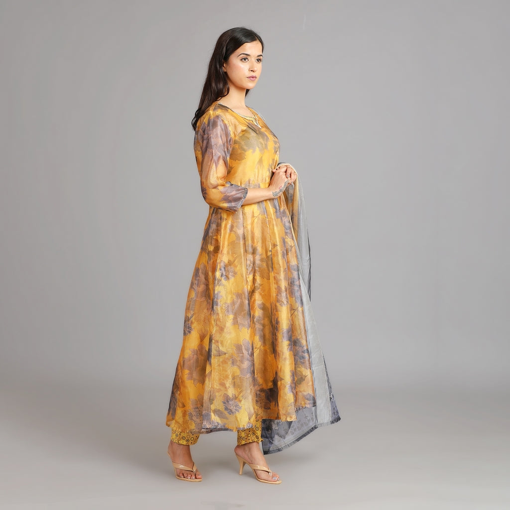 Mustard Yellow Chanderi Anarkali Suit Set with Embroidered Neckline– 3pc - Aavarana by Karnika