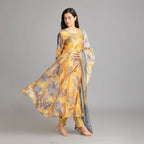 Mustard Yellow Chanderi Anarkali Suit Set with Embroidered Neckline– 3pc - Aavarana by Karnika