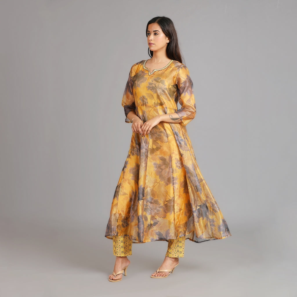 Mustard Yellow Chanderi Anarkali Suit Set with Embroidered Neckline– 3pc - Aavarana by Karnika