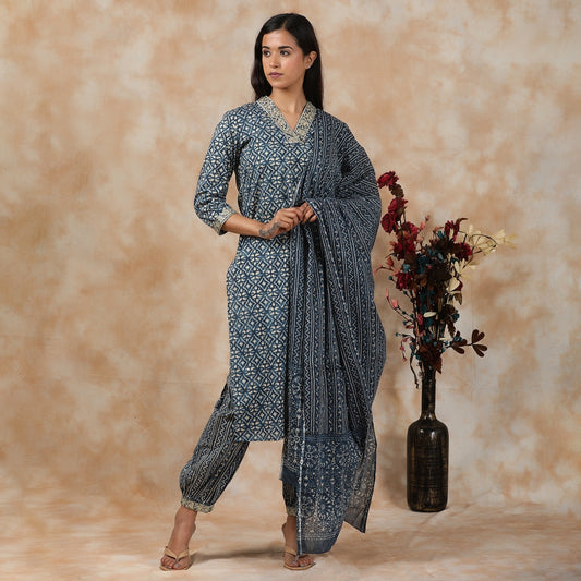 Indigo & Gold Cotton V-Neck Afghani Suit Set – 3pc - Aavarana by Karnika