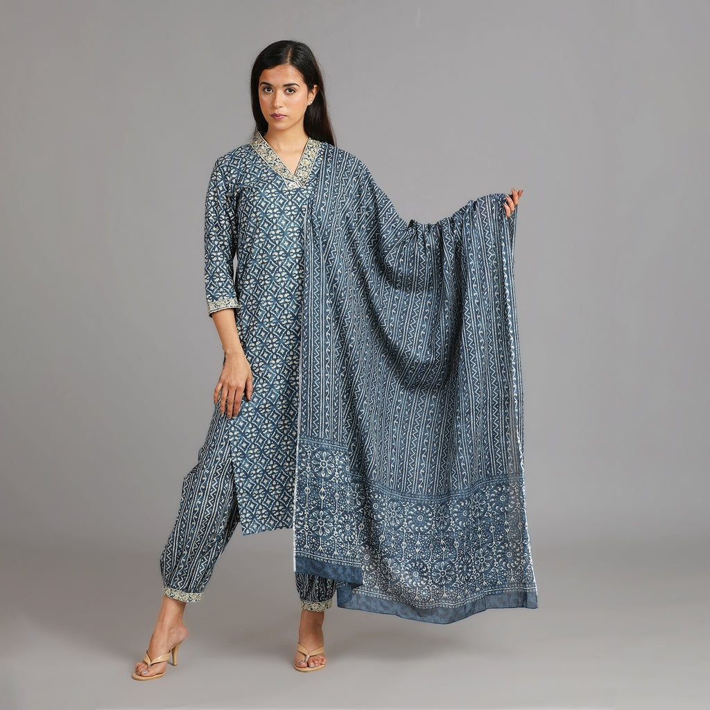 Indigo & Gold Cotton V-Neck Afghani Suit Set – 3pc - Aavarana by Karnika