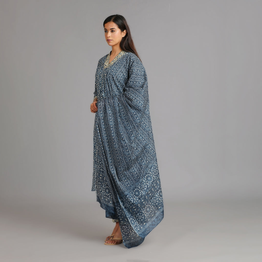 Indigo & Gold Cotton V-Neck Afghani Suit Set – 3pc - Aavarana by Karnika