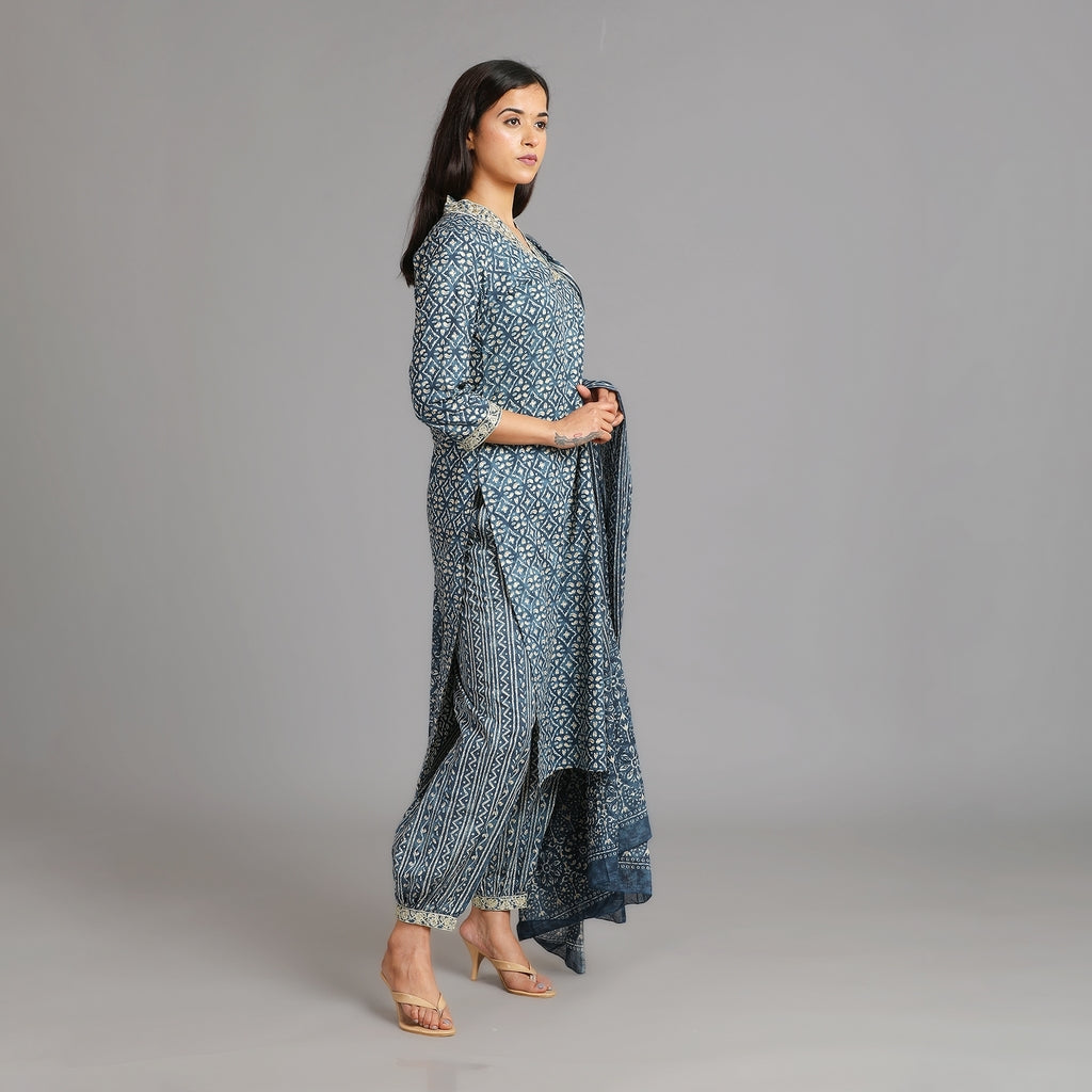 Indigo & Gold Cotton V-Neck Afghani Suit Set – 3pc - Aavarana by Karnika