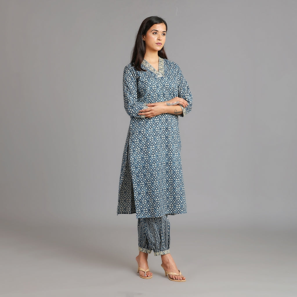 Indigo & Gold Cotton V-Neck Afghani Suit Set – 3pc - Aavarana by Karnika