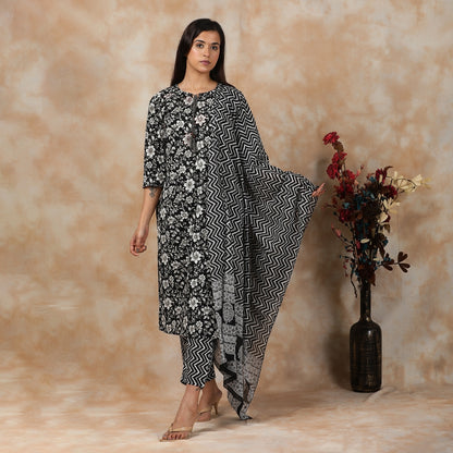 Alankrita Black & White Cotton Straight Suit Set – 3pc - Aavarana by Karnika