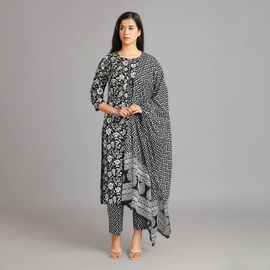 Alankrita Black & White Cotton Straight Suit Set – 3pc - Aavarana by Karnika