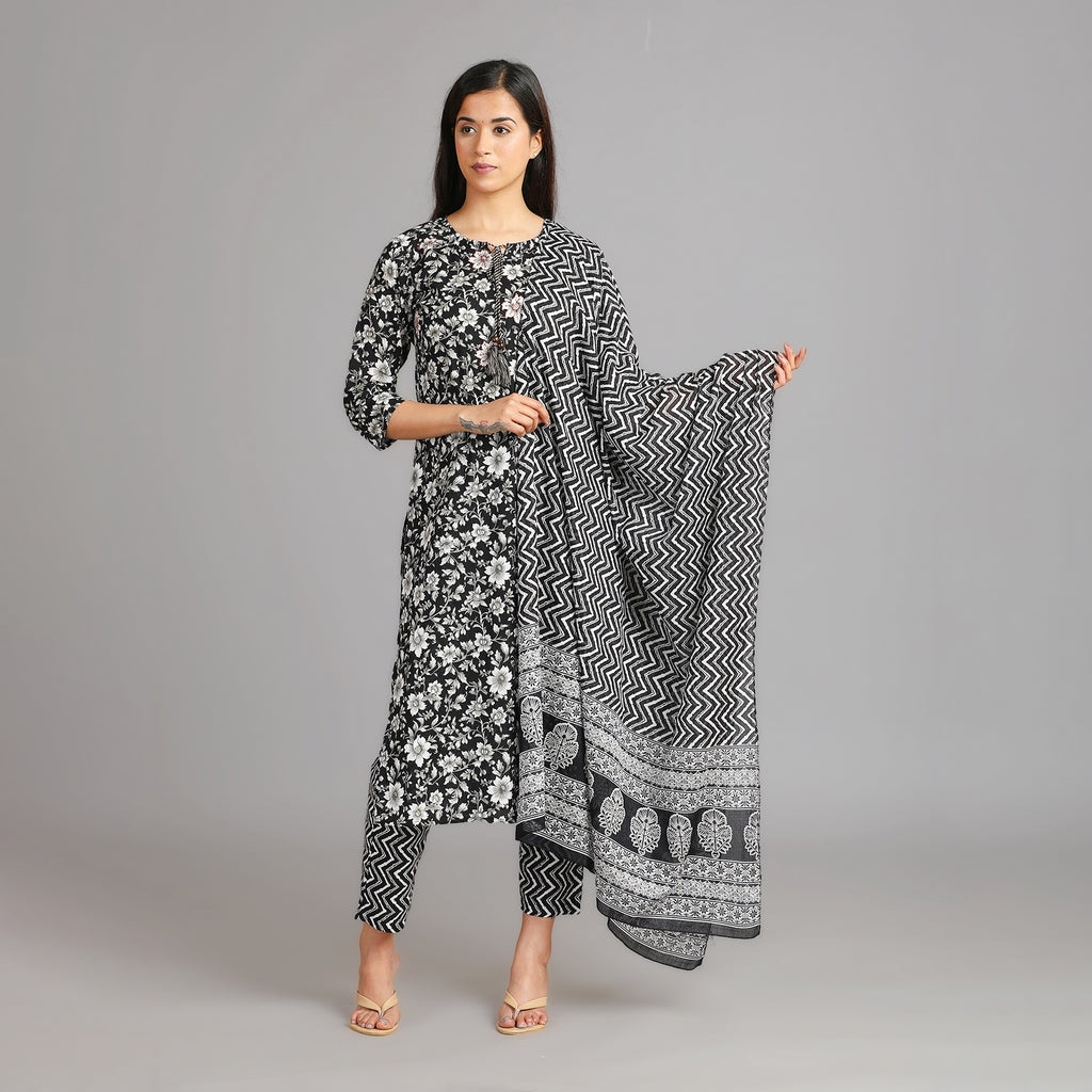 Alankrita Black & White Cotton Straight Suit Set – 3pc - Aavarana by Karnika