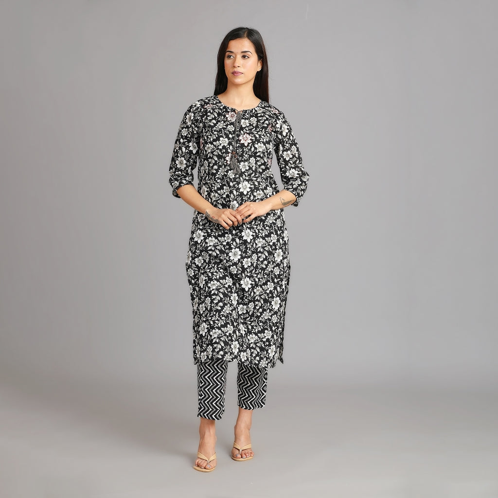 Alankrita Black & White Cotton Straight Suit Set – 3pc - Aavarana by Karnika