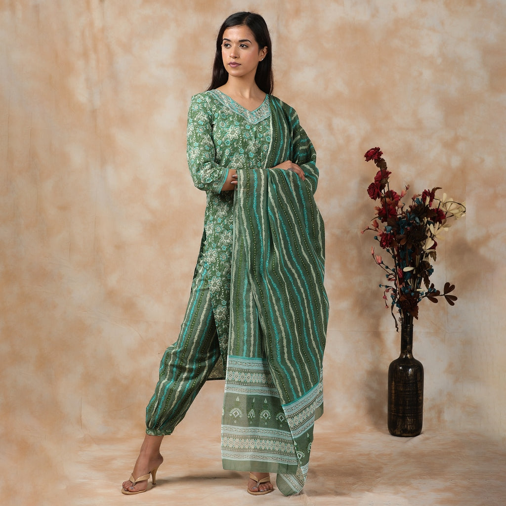 Green & Gold Cotton Afghani Suit Set– 3pc - Aavarana by Karnika