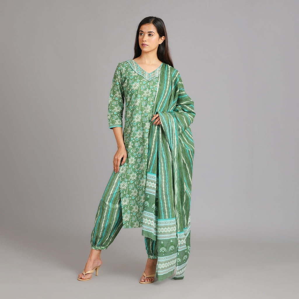 Green & Gold Cotton Afghani Suit Set– 3pc - Aavarana by Karnika