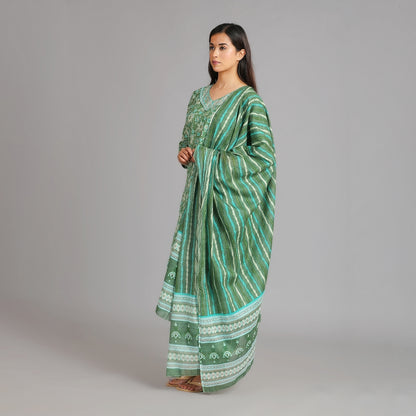 Green & Gold Cotton Afghani Suit Set– 3pc - Aavarana by Karnika