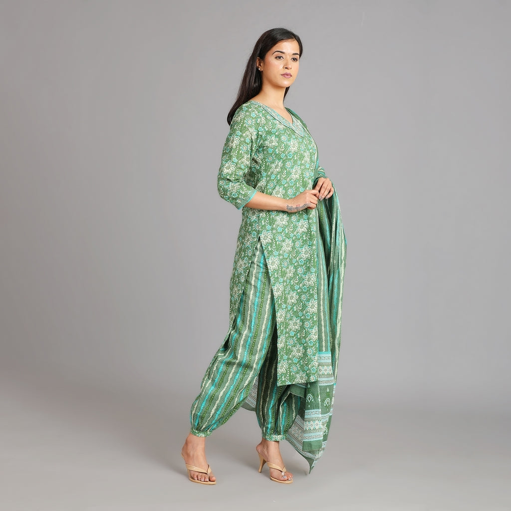 Green & Gold Cotton Afghani Suit Set– 3pc - Aavarana by Karnika