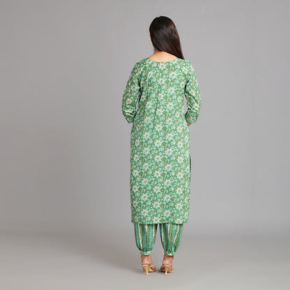 Green & Gold Cotton Afghani Suit Set– 3pc - Aavarana by Karnika