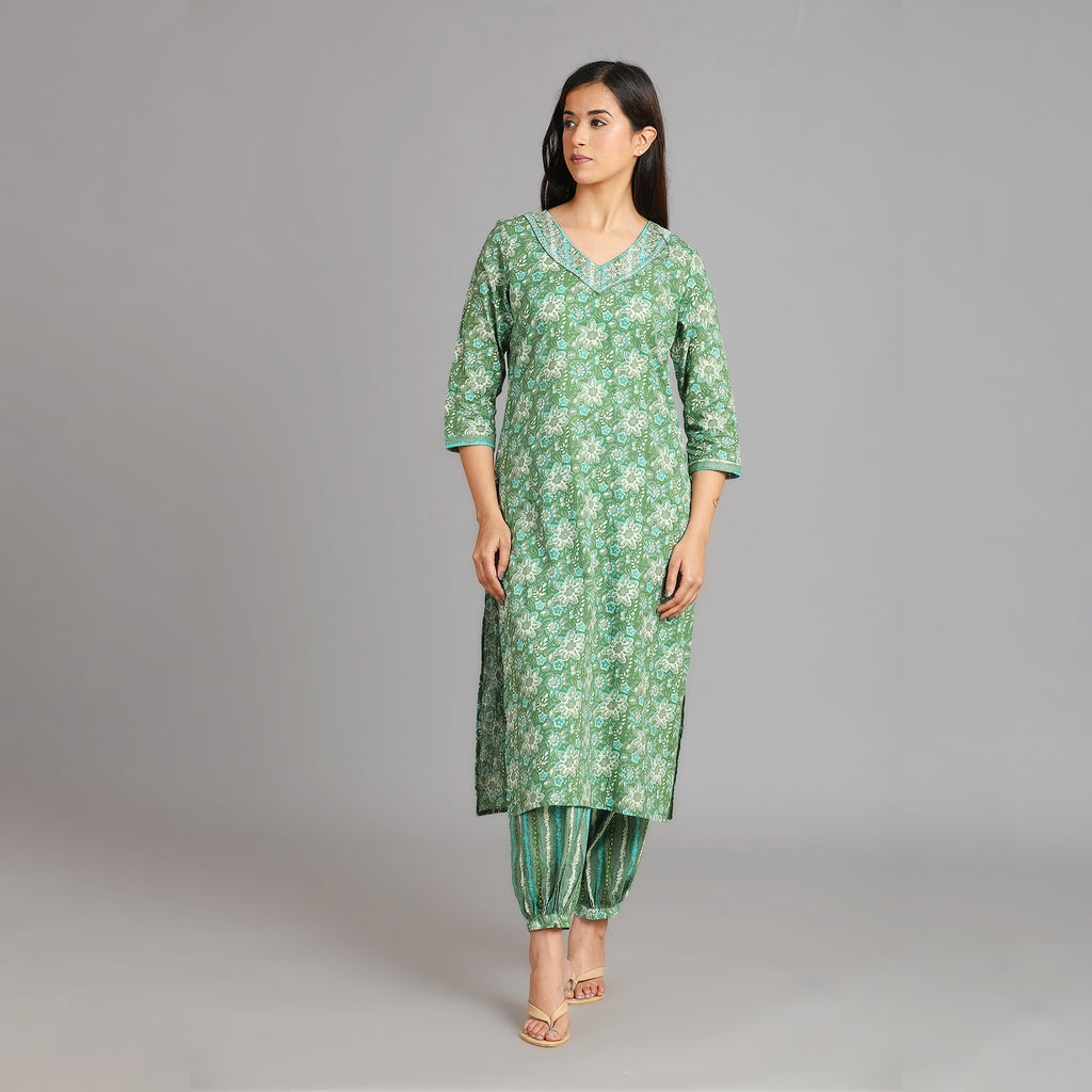 Green & Gold Cotton Afghani Suit Set– 3pc - Aavarana by Karnika