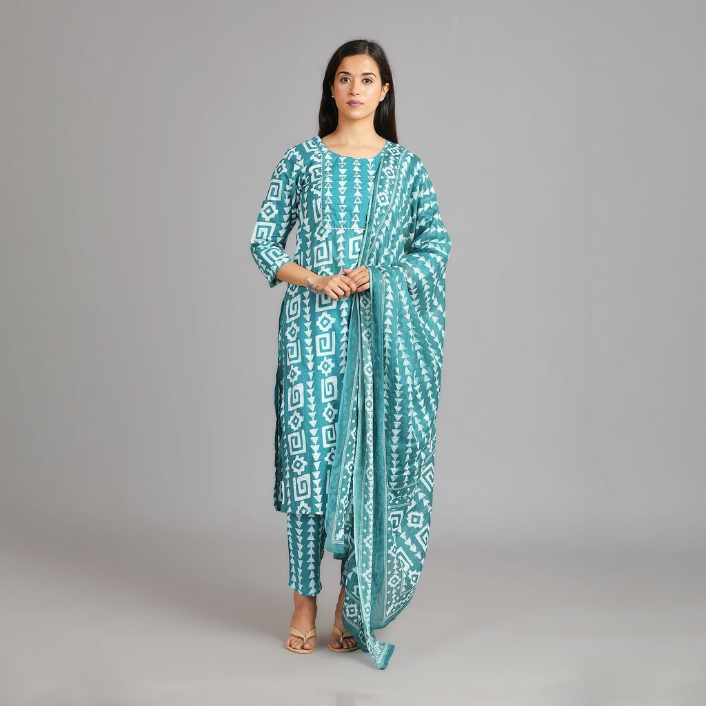 Aarna Dark Green Cotton Tie & Dye Suit Set– 3pc - Aavarana by Karnika