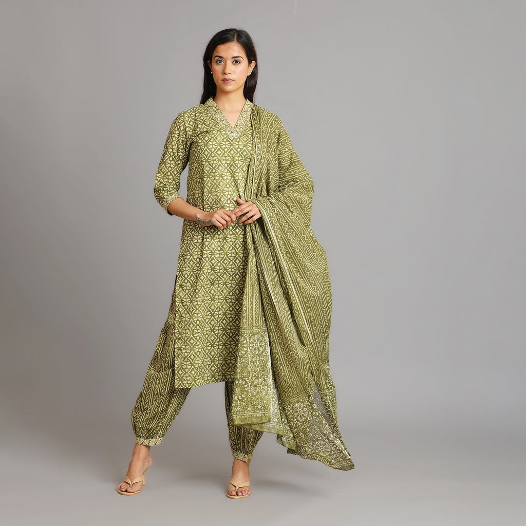 Moss Green & Gold V-Neck Afghani Suit Set – 3pc - Aavarana by Karnika