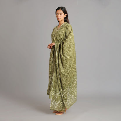 Moss Green & Gold V-Neck Afghani Suit Set – 3pc - Aavarana by Karnika