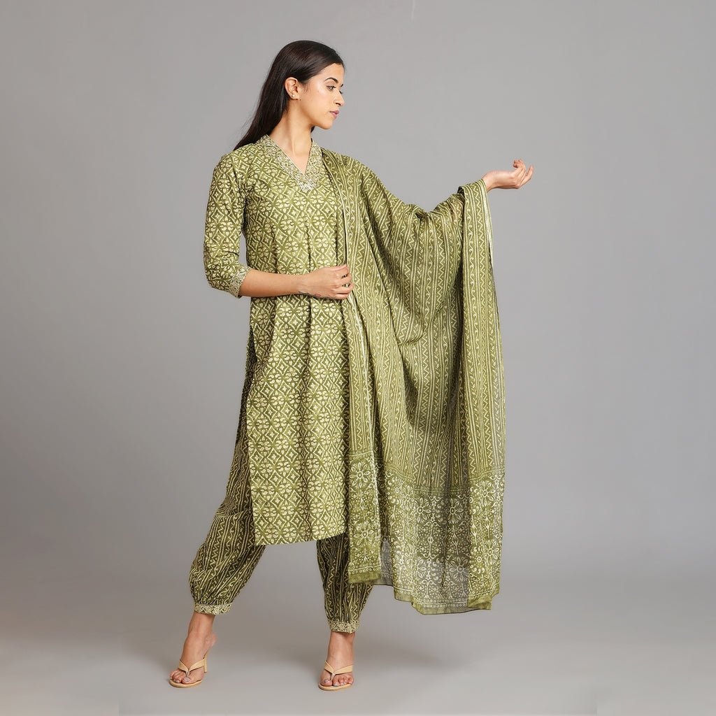 Moss Green & Gold V-Neck Afghani Suit Set – 3pc - Aavarana by Karnika