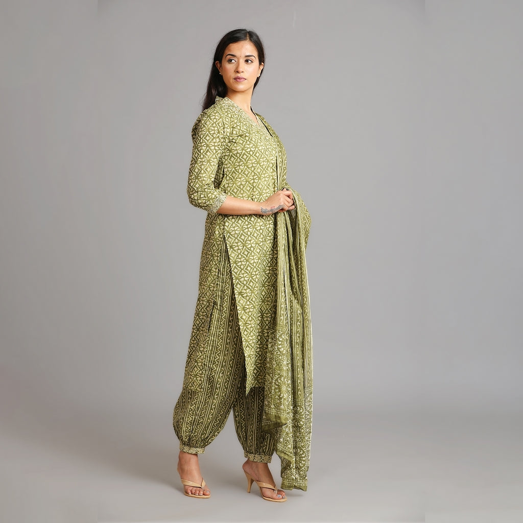 Moss Green & Gold V-Neck Afghani Suit Set – 3pc - Aavarana by Karnika